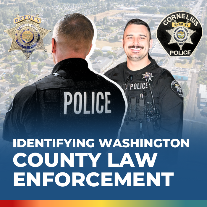 Washington County Law Enforcement, Police officer smiling in uniform and image of badges