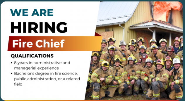 Announcement for hiring a new fire chief. TEXT: We're Hiring