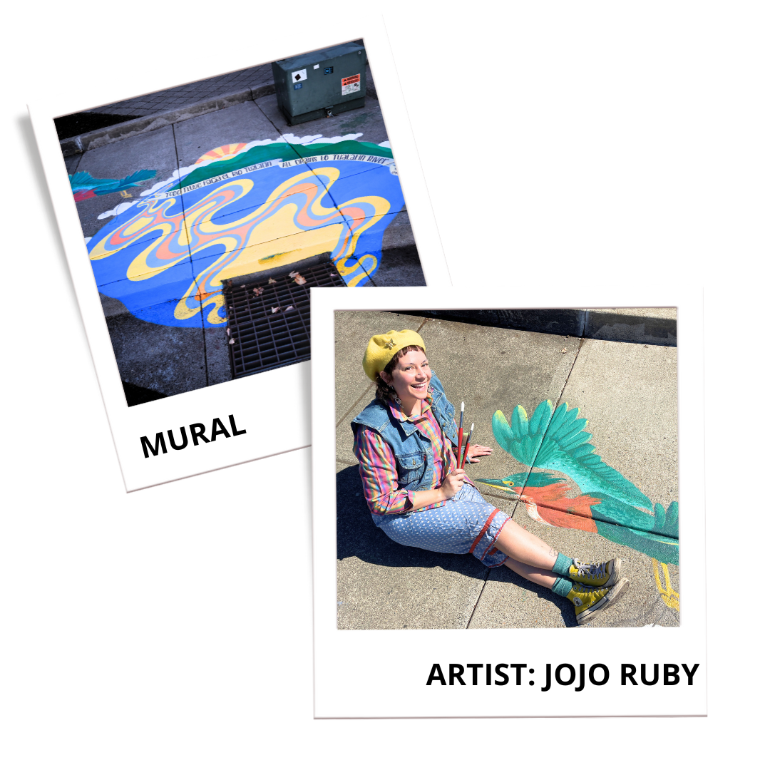 Photos of the mural artist Jojo Ruby and the mural